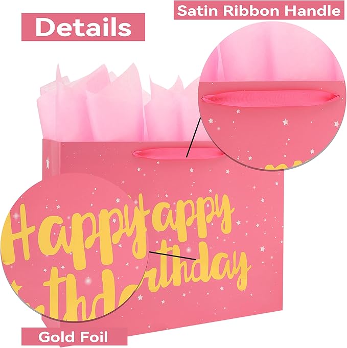 Qirrmiy 16.5” Extra Large Pink Happy Birthday Gift Bag Set with Handles, Greeting Card, Tissue Papers and Stickers for Women Girls Kids, Stars Design, 1 Pcs.