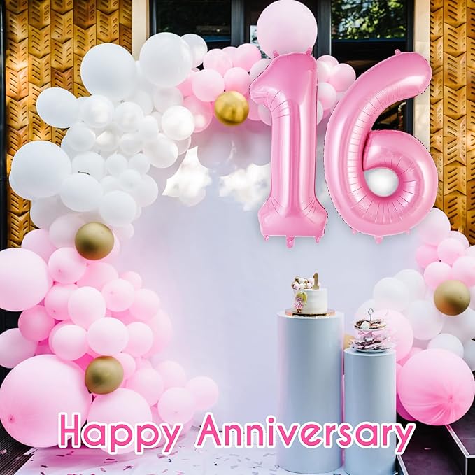 Pink Number 16 Balloon, 40 Inch Big Large Foil Helium Number Balloons, Giant Mylar Number 16 Balloons for 16 Years Old Birthday Party Decorations Supplies Anniversary