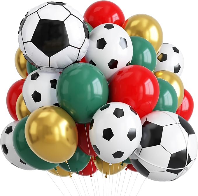 Soccer Balloons, Dark Green Red and Gold Football Theme Balloons with 4D Foil Football Balloon for Boys Kids Soccer Birthday Sports Themed Baby Shower Graduation Party Decorations