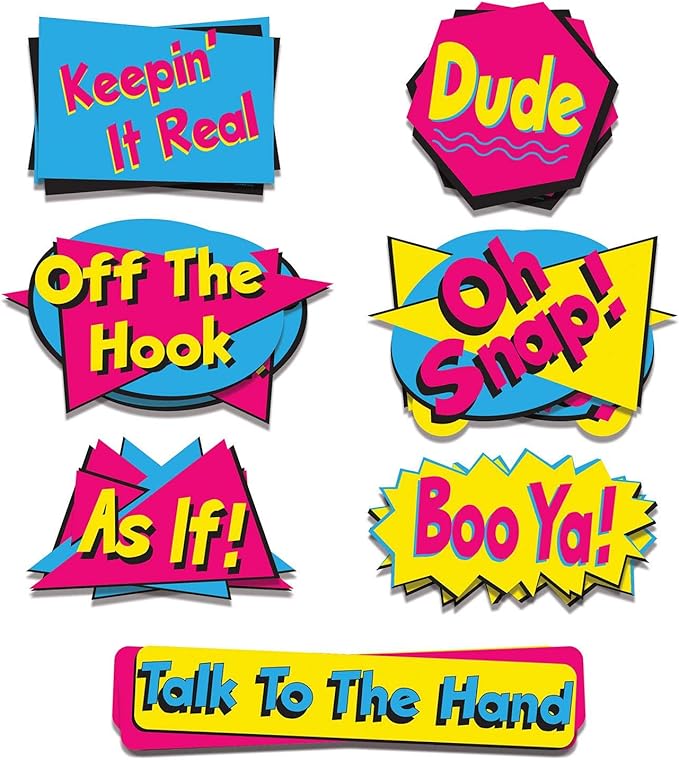 Beistle 90's Phrase Cutouts 14 Piece Wall Party Decorations, 8.5" - 19.5", Blue/Yeow/Cerise/Black