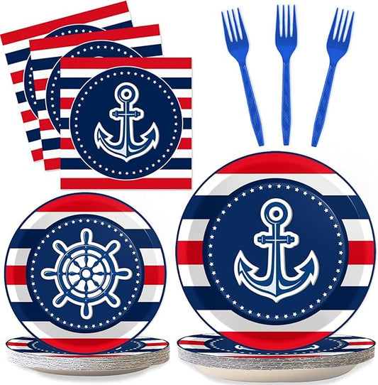 96 Pcs Nautical Anchor Party Plates Napkins Tableware Set Anchor Theme Supplies Disposable Dinnerware Sailor Boat Ship Decoration Favors for Navy Baby Shower Birthday, 24 Guests