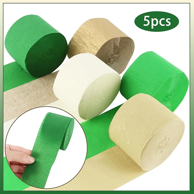 5 Rolls Grass Green & Gold Crepe Paper Streamers, Crepe Paper Craft for Wedding Baby Shower Birthday Bridal Party Engagement Decorations Supplies