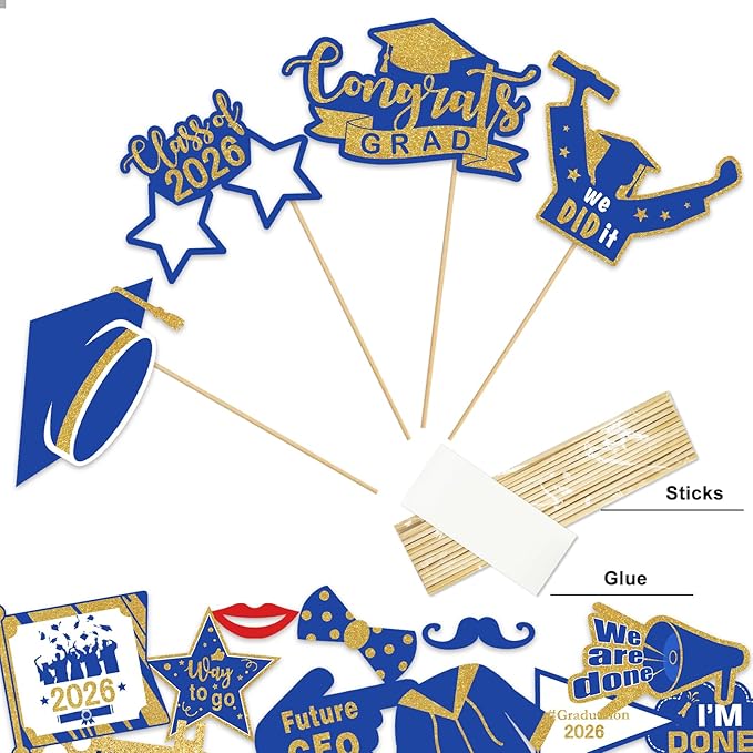 Avezano Graduation Photo Booth Props, 21pcs Graduations Picture Props 2026 for Photoshoot, Grad Photo Props for Photobooth Class of 2026 Party Decorations Set Party Favors Supplies (Blue and Gold)