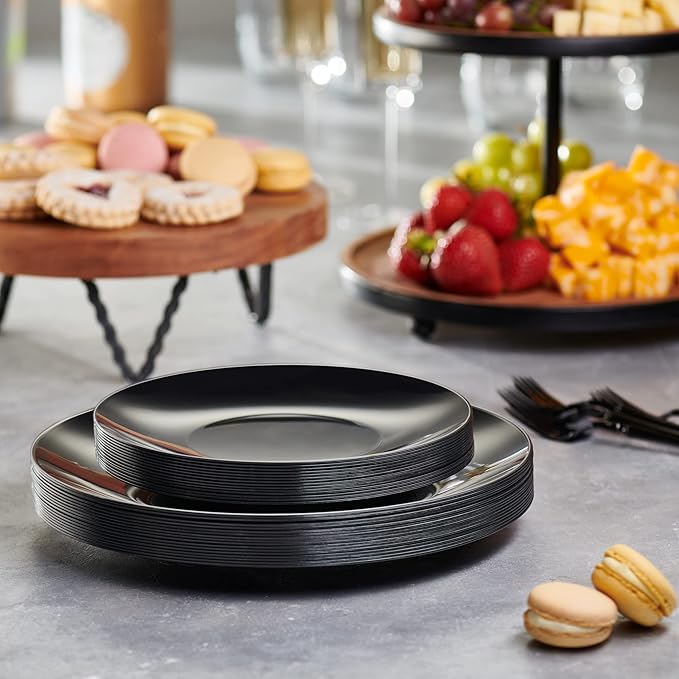 PLASTICPRO 128 Piece Combo Plates Set - 64-7" & 64-10" Black Plates with Silver Rim - Premium Heavyweight, Disposable