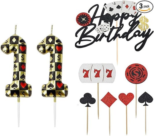 Casino Poker Birthday Number Candles for Cake, Glitter Casino Birthday Cake Topper for Casino Themed Birthday Party Decoration, Poker Birthday Candles(Number 11)