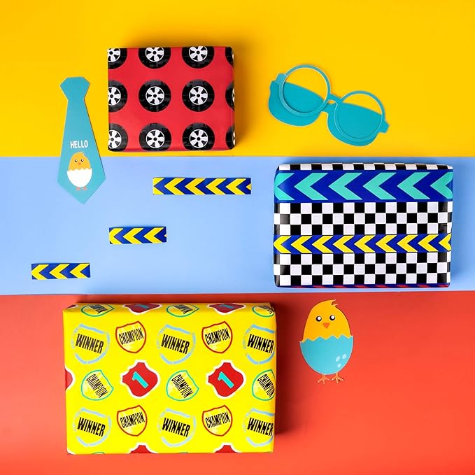 WRAPAHOLIC Birthday Wrapping Paper Roll - Mini Roll - 4 Rolls - 17 Inch X 120 Inch Per Roll - Cool Racing Cars and Autodrome Print for Birthday, Party, Baby Shower Packing