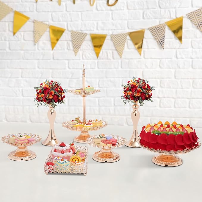 7 Pieces Cake Stand Set, Gold Metal Cupcake Holder, Dessert Display Serving Platter, for Birthday Wedding Party Decoration