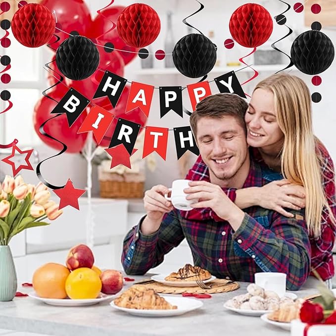 Red and Black Birthday Decorations, Black Happy Birthday Banner, Red Happy Birthday Decorations for Men Women and Girls Birthday Party Decorations