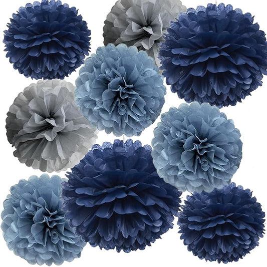 9PCS Navy Dusty Blue & Gray Tissue Pom Poms Party Decorations Paper Flowers Balls Hanging Garland for Baby Boy Shower Wedding Birthday - Blue Decor for Wall, Photo Backdrop