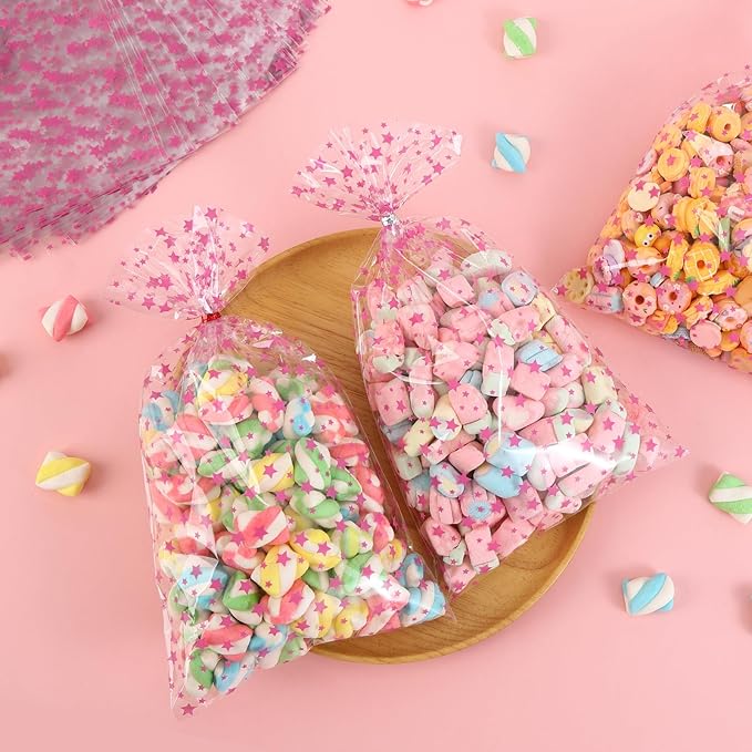 100Pcs Cellophane Treat Bags,7 X 12 Inches Pink Star Clear Cellophane Bags,100 Twist Ties,for Gift Wrapping,Packaging Candies,Dessert,Bakery, Cookies, Chocolate,Party Party Decorations