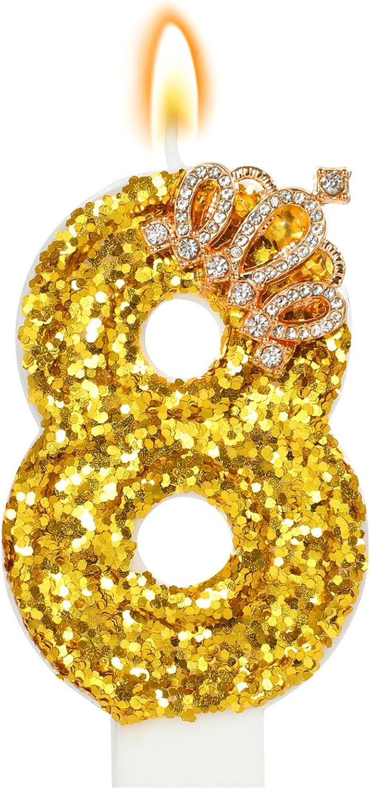 Gold Birthday Candle Crown Number 8 Candle with Sequins Cake Candles Cupcake Decorations Party Decor for Anniversary Celebrations Supplies