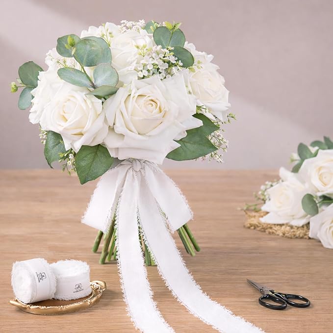 DORIS HOME White Chiffon Ribbon for Flower Bouquet, 1" x21Yd Fabric Ribbon for Gift Wrapping, Handmade Frayed Ribbon for Wedding Invitations/Christmas Decorations
