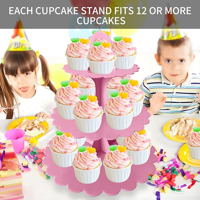 Pink Cupcake Stand, 3-Tier Heart Handle Dessert Display Tower, Scalloped Edge Cake Stand for Girl Birthday Baby Shower Wedding Party Decoration, Easy Assembly (2-Pack) ﻿