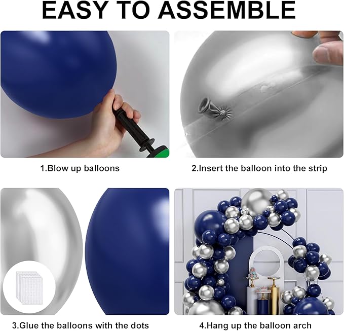 Blue and Silver Balloons Arch Garland Kit, 134pcs Navy Blue and Silver Balloons with Different Size for Birthday Party Baby Shower Graduation Class of 2026 Prom Decorations
