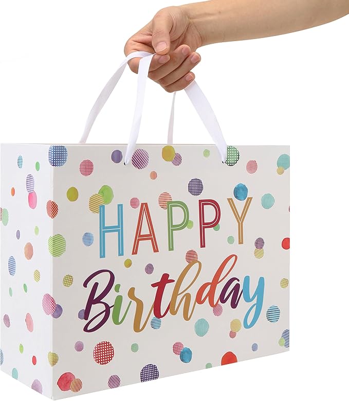 wishinside 13'' Large Birthday Gift Bag Set with Handles, Greeting Card, White Tissue Papers and Stickers for Women Girls Kids Teens for Birthday, Baby, Color Dots Design, 1 Pcs