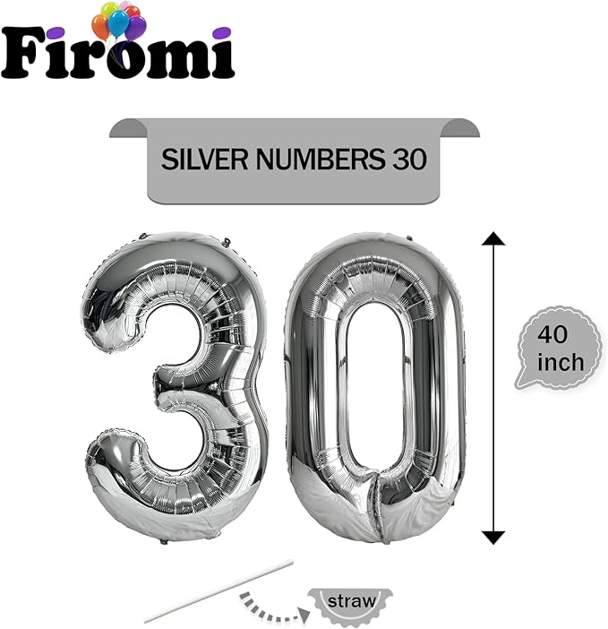 FIROMI 30 Number Balloons Silver Big Giant Jumbo Huge Foil Mylar 30 Balloon Numbers for 30th Birthday Party Anniversary Events Decorations 40-inches