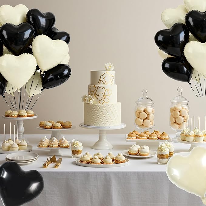 TONIFUL 30Pcs 18 Inch Black Cream White Balloons Black Cream White Heart Shape Foil Mylar Banners Decoration for Birthday Valentine's Day Wedding Bridal Shower Anniversary Engagement Party Supplies