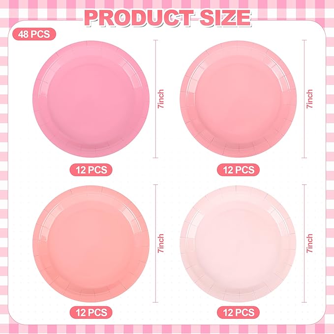 AimFun Pink Paper Plates Gradient Pink Party Plates 7” Disposable Round Dessert Plates for Birthday Wedding Bridal Engagement Baby Shower Party Supplies 4 Colors (48)