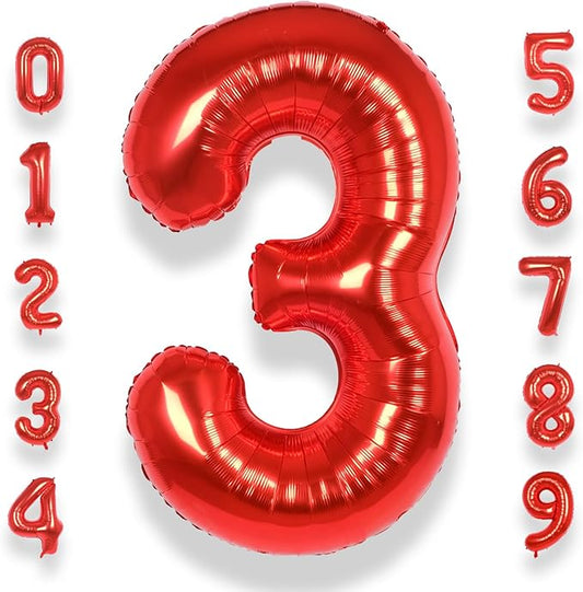 AULE 40 Inch Big Red 3 Balloon Number Large Foil Helium Number Balloons 0-9 Jumbo Giant Happy 3rd Birthday Party Decorations for Boy or Girl Huge Mylar Anniversary Party Supplies