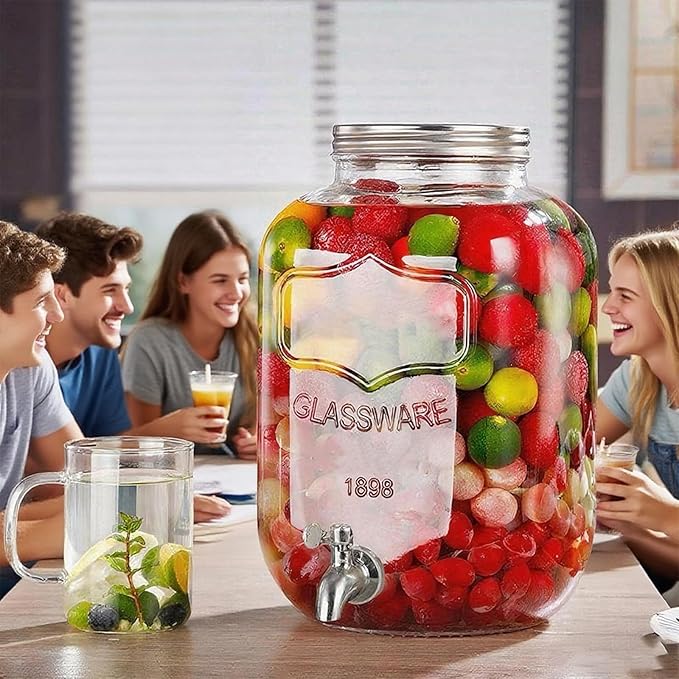 1 Gallon Glass Drink Dispensers For Parties 2PACK, Beverage Dispenser, Glass Drink Dispenser with Stand Stainless Steel Spigot, Lemonade Dispenser for BBQ Picnic, Party