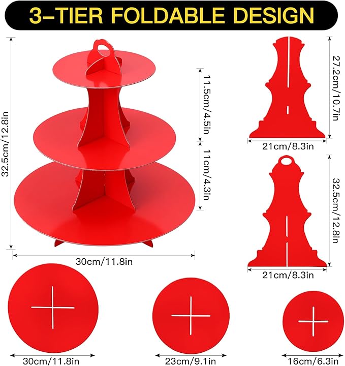Soleebee 3-Tier Round Cupcake Stand, Cardboard Cupcake Tower, Dessert Cup Cake Stand Tower for Birthday Wedding Party Decoration, Cupcake Tier Stand 1 Set (Red)