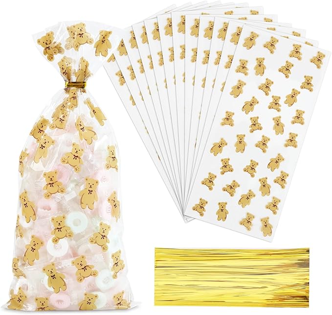 Docvania Clear Bear Cellophane Treat Bags Plastic Gift Bag 100 pcs 5 X 11 Clear Bear Cookie Bags with Ties Goodie Candy Bag Suitable for Mother's Day, Valentine's Day, and Holiday Parties