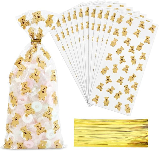 Docvania Clear Bear Cellophane Treat Bags Plastic Gift Bag 100 pcs 5 X 11 Clear Bear Cookie Bags with Ties Goodie Candy Bag Suitable for Mother's Day, Valentine's Day, and Holiday Parties