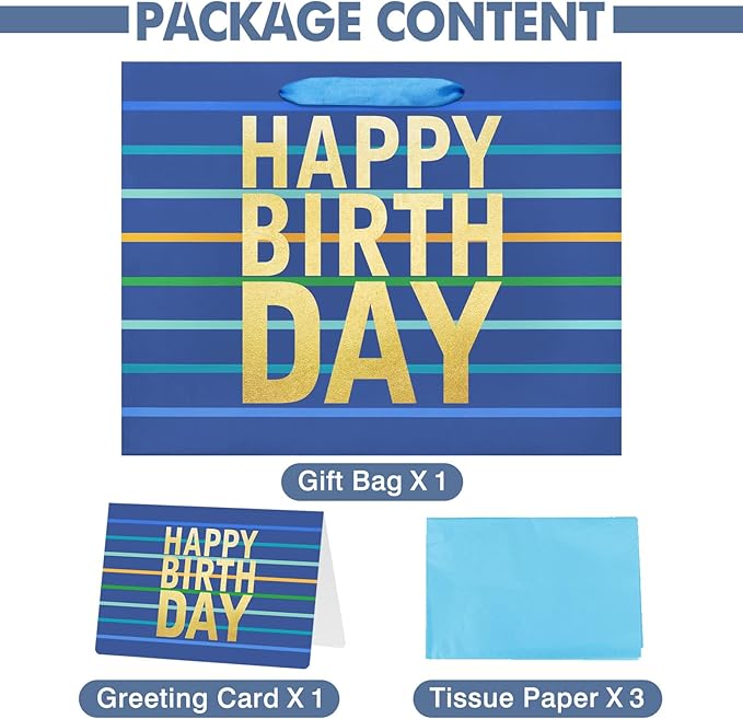 16.5" Blue Gift Bag with Tissue Paper, Card and Handles for Men's Birthday, Kids' or Baby Boy (Stripe) (Extra Large Blue)