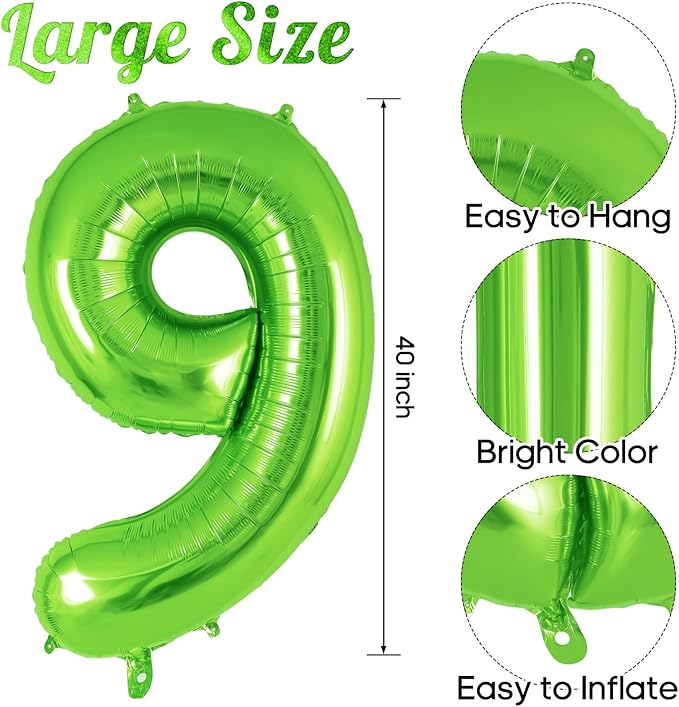 Green Number 9 Balloon 40 Inch, Big Large Foil Helium Number Balloons, Jumbo Giant Mylar Number 9 Balloons for 9 Year Old Birthday Party Decorations Supplies Anniversary Celebration