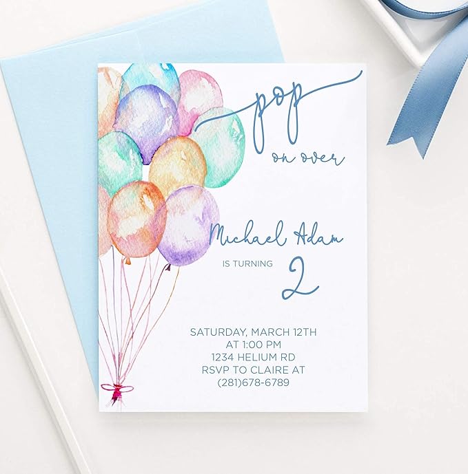 Modern Pink Paper Balloon Birthday Invitation for Boys, Balloon Invitations for Kids Party, Your choice of Quantity, Age, Info and Envelope Color