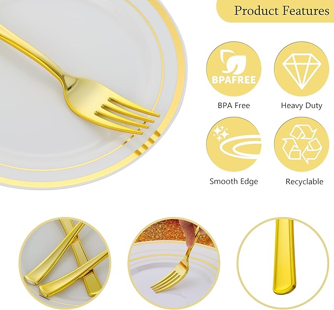 400PCS Gold Plastic Silverware, Gold Disposable Utensils, Heavy Duty Cutlery Set Includes 200 Forks,100 Knives,100 Spoons, Flatware for Party Wedding