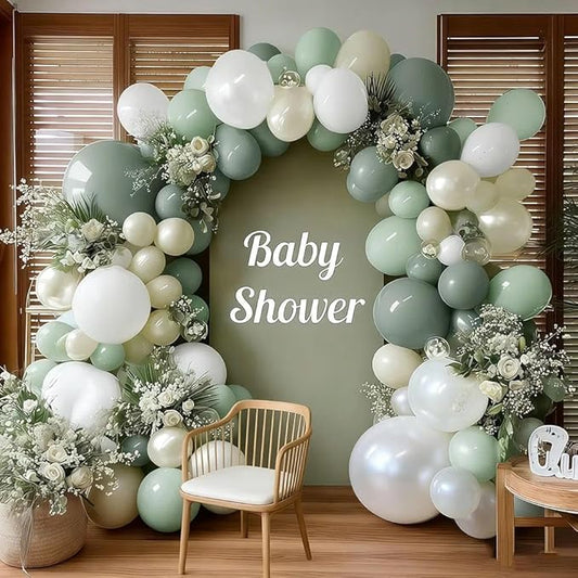Sage Green White Balloon Garland, Double Stuffed Dusty Green Sand White Pearl Balloons Pastel Balloon Arch Kit for Baby Shower Birthday Bridal Wedding Gender Reveal Graduation Party Decorations