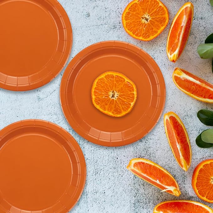 50Pcs Orange Paper Plates - 9" Round Disposable Dinner Plate for Halloween Baby Shower Orange Birthday Party Supplies