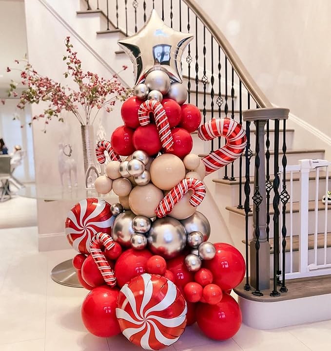 Christmas Balloon Arch Kit - Christmas Tree Garland Xmas Red Silver Beige and Candy Foil Silver Star Balloons for Christmas Party Decorations Birthday Party New Year Party