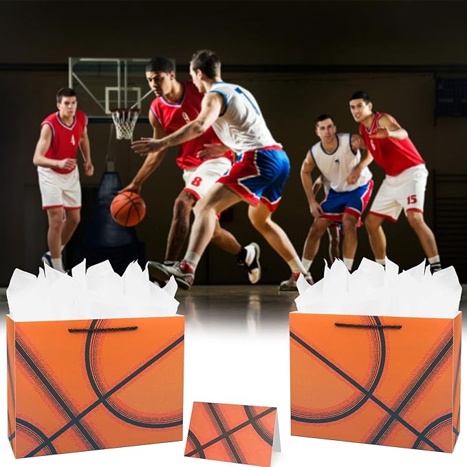 Oletx 13” Basketball Party Favor Gift Bags, Large Basketball Gift Wrapping Bag with Tissue Paper for Sports Party Birthday Goodie Gifts Treat Wrapping Bags