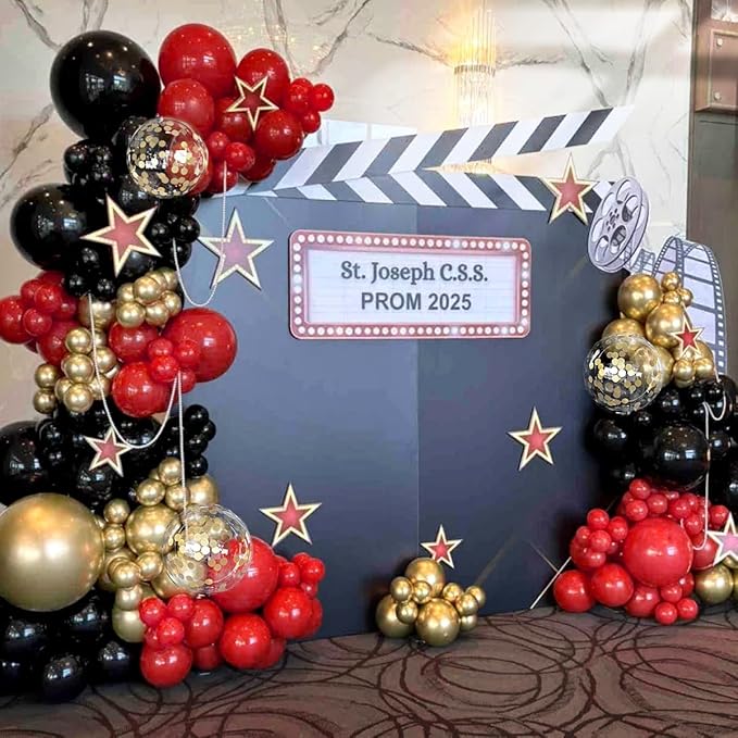 MEBAY 155Pcs Red Black Gold balloons Garland Arch Kit with Gold Confetti Balloons for Graduation Anniversary Casino Night Hollywood New Years Movie Night Birthday Decorations