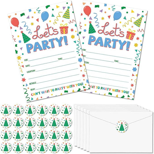 30 Packs Party Invitations for Birthday LET’S PARTY Invite Cards with Envelopes Label Stickers for Boys Girls Decorations Supplies Baby Shower Retirement Party Favors(Rainbow Dot)
