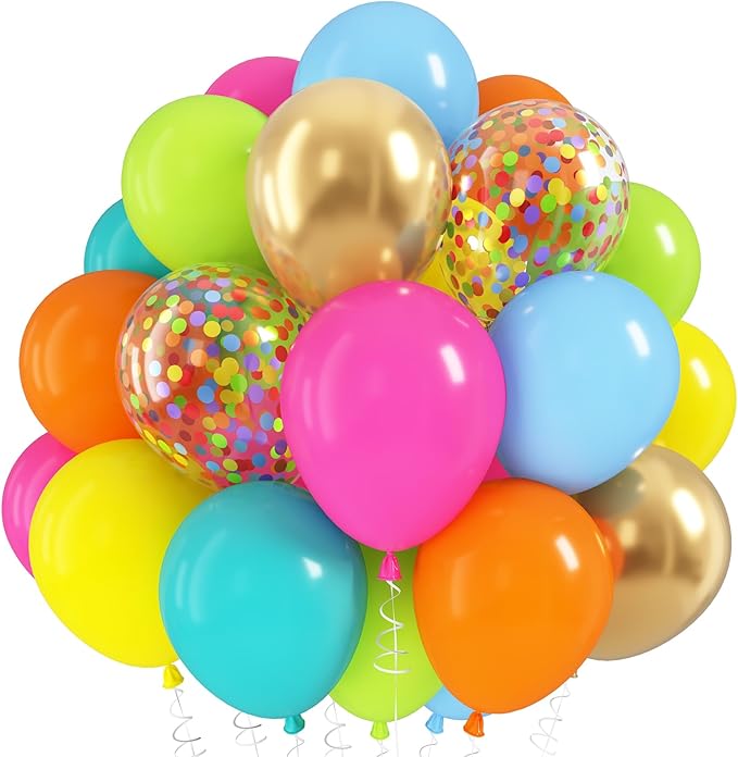 Tropical Balloons, 60Pcs Summer Balloon Hot Pink Orange Teal Blue Yellow Green Gold Colorful Balloons with Rainbow Confetti Balloon for Hawaiian Aloha Luau Pool Birthday Beach Party Decorations