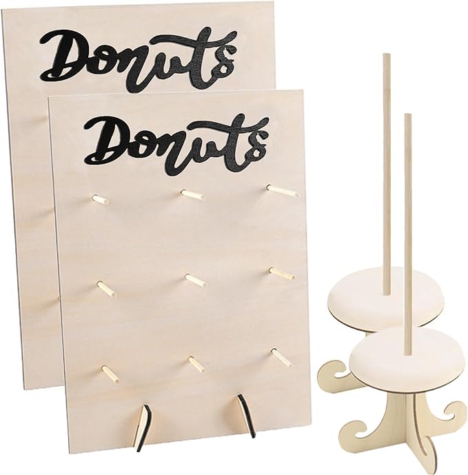 Donut Wall Display Stand 2PCS Donut Board Display with 2PCS Donut Tower Stand, Wooden Donut Holder Stand for Baby Shower Party Wedding Birthday