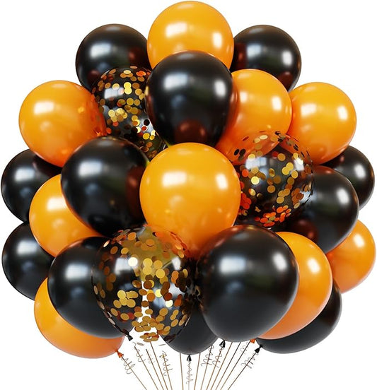 Orange Black Latex Balloons, 65pcs 12 Inches Black Orange Confetti Balloons with 1 Ribbon for Halloween, Birthday, Graduation Party Decorations