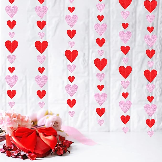Galentines Valentines Party-Decorations Heart Garland - 6pcs Glitter Pink Red Love Hanging Streamers,Romantic Special Night Baby Shower Wedding Anniversary Ceiling Banner Backdrop Decor Burgleda