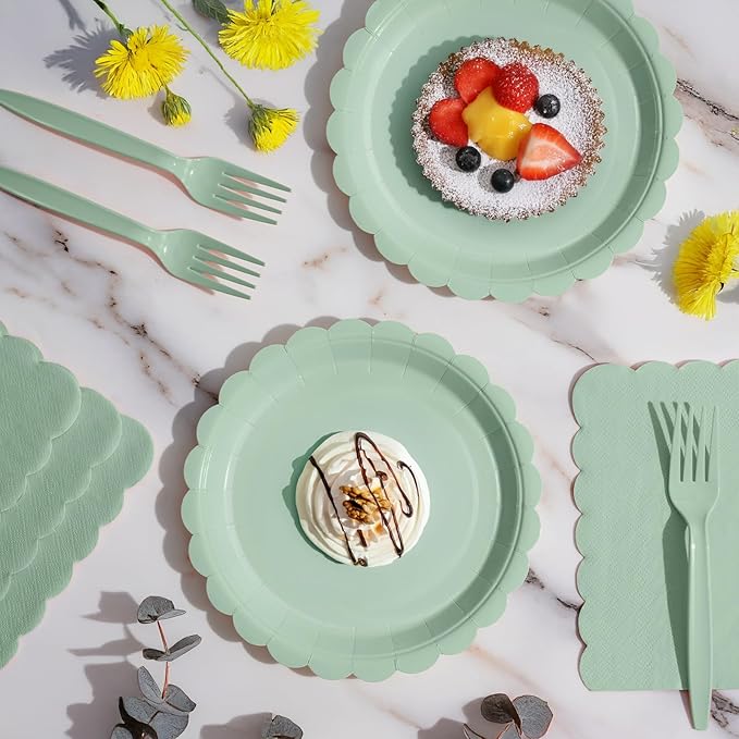 105PCS Paper Plates and Napkins Set, 7 Inch Scalloped Disposable Tableware with Forks for Birthdays, Garden Parties & Outdoor Events,Serves 35 (Sage Green)