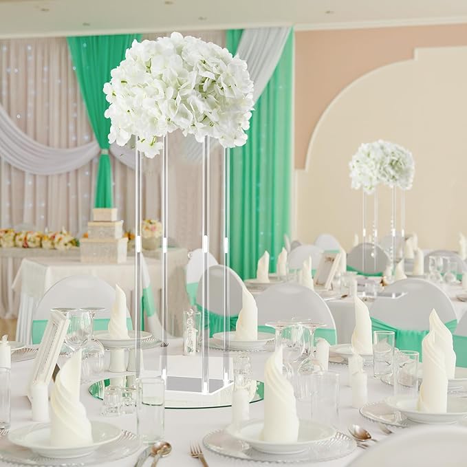 Geetery Tall Acrylic Wedding Flower Stand Centerpieces Clear Elegant Vase Column Stand with Artificial Hydrangea Flowers for Wedding Party Table Home Decorations(12 Pcs,28 Inch)
