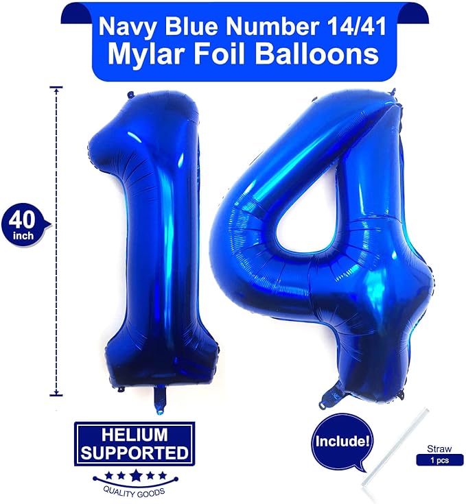 40 Inch Navy Blue 14 Number Balloons Giant Jumbo Huge 14 or 41 Foil Mylar Helium Number Digital Balloons Dark Blue Birthday Mylar Digital Balloons 14th Birthday Anniversary Events Party Decorations