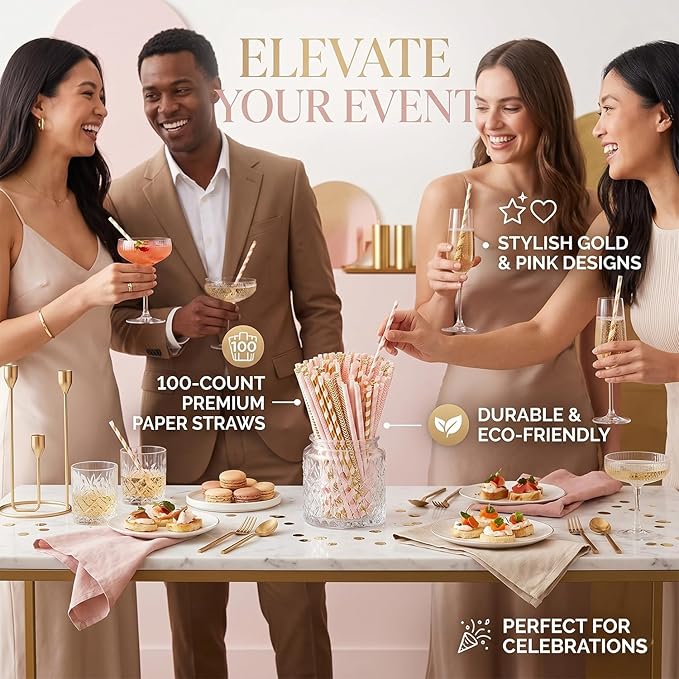 ALINK Biodegradable Paper Straws, 100 Pink and Gold Straws for Party Supplies, Birthday, Wedding, Bridal/Baby Shower, Christmas Decorations and Holiday Celebrations