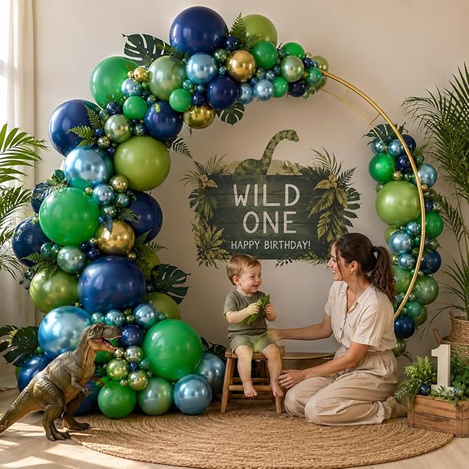 134Pcs Blue and Green Balloon Garland Kit, Navy Blue Dark Green Gold Balloon Arch Kit with Metallic Chrome Balloons, Dinosaur Helium Latex Balloons for Dino Jungle Safari Birthday Party Decorations