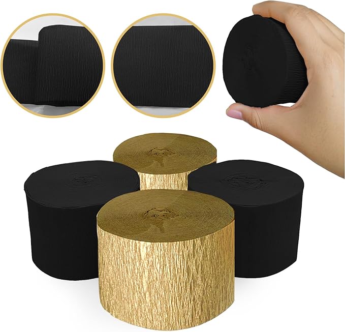 4 Crepe Paper Streamers Rolls, 328ft Pack of Black and Gold Crepe Paper for Birthday, Graduation, New Years, Wedding, Engagement Party Decorations (1.8 inch x 82 ft/Roll)