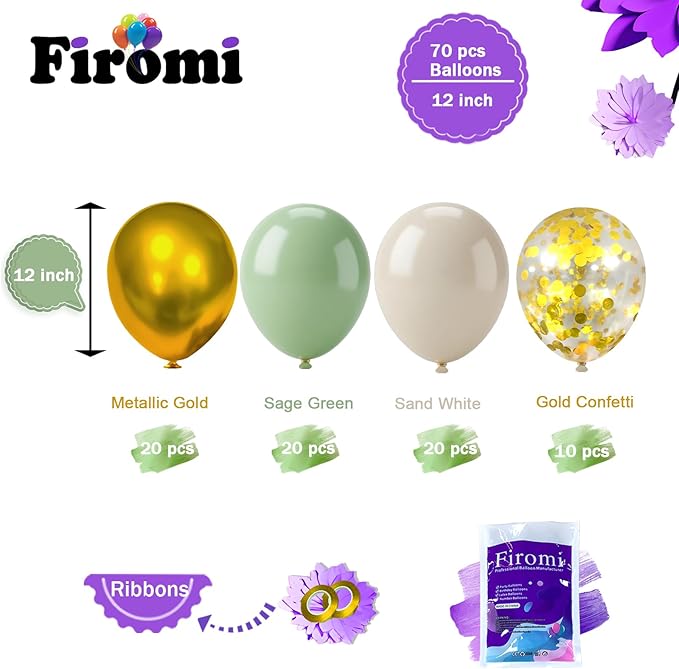 Firomi Metallic Chrome Gold and Sage Sand Latex Balloons Set 12-inch 70 Pack and Gold Confetti Party Latex Balloons for Birthday Wedding (with 2 Ribbons)