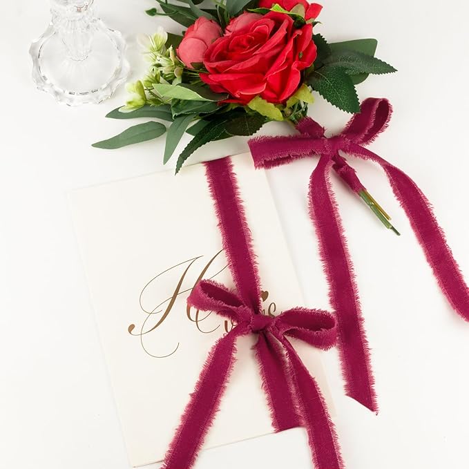Burgundy Cotton Ribbon 5/8 Inch Burgundy 3 Rolls 21 Yards Frayed Edge Fabric Set for Wedding Decor, Bridal Bouquet Wrap, Anniversary Celebration, Gift Wrapping & Christmas Decor