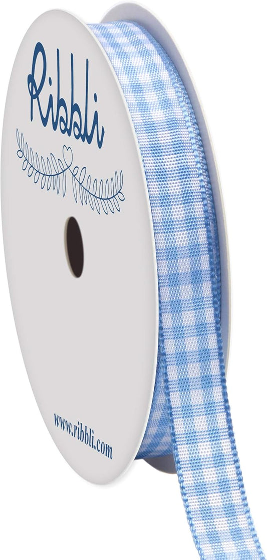 Ribbli Light Blue and White Gingham Ribbon,100% Polyester Woven Edge,3/8 Inch x 10 Yard,Plaid Ribbon Use for Baby Shower,Gift Wrapping,Party Decoration